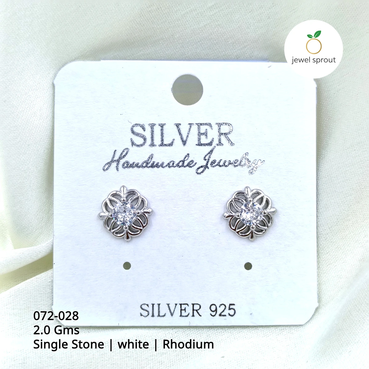 Rhodium Single Stone Stud Earrings - Elegant 925 Silver