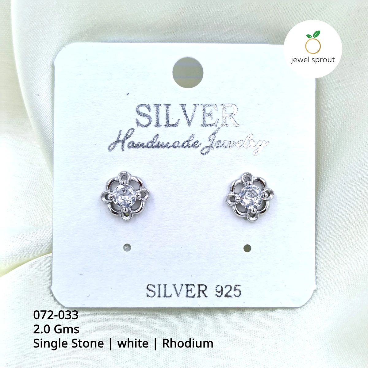 Rhodium Single Stone Studs - Elegant 925 Sterling Silver Earrings