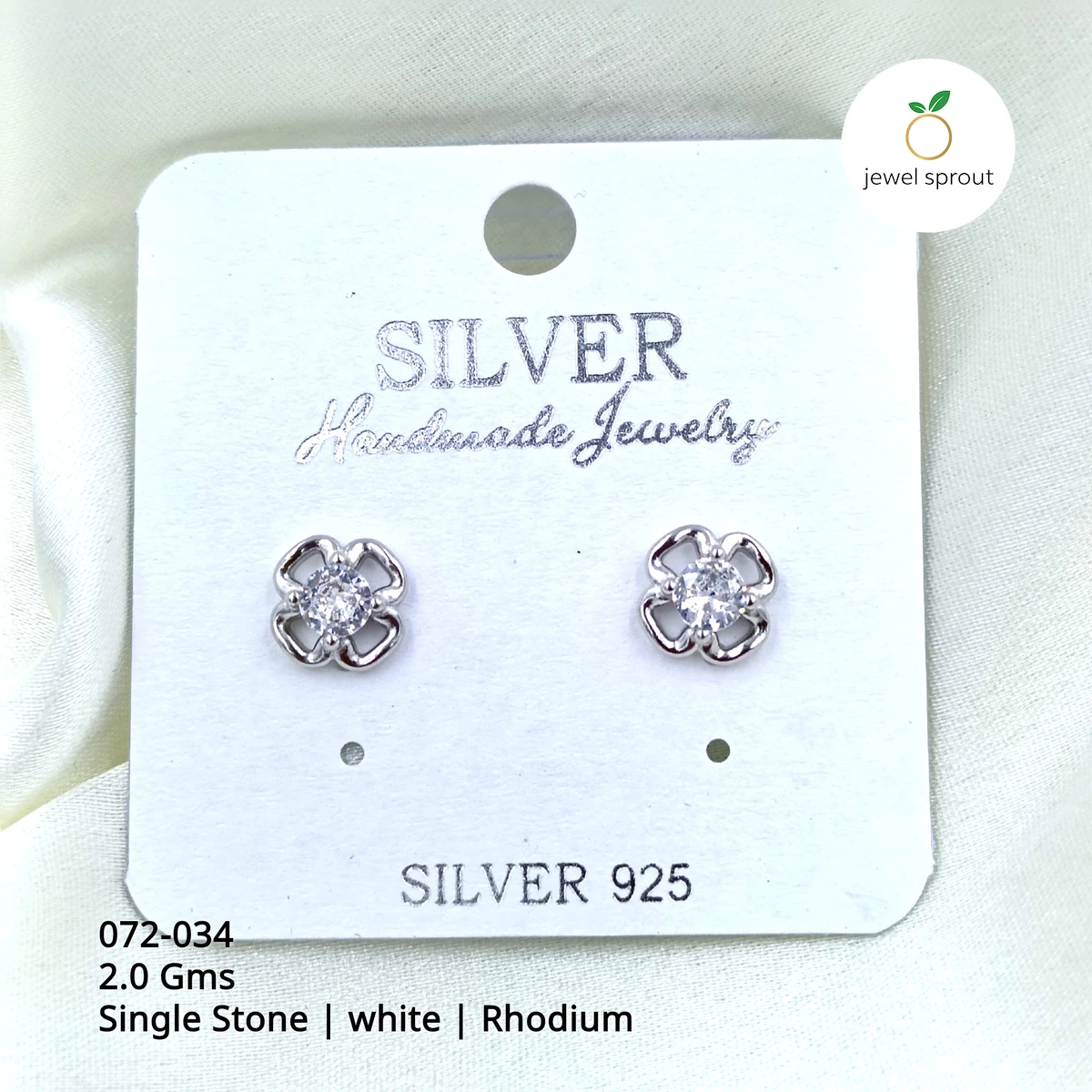 Elegant Rhodium Single Stone Sterling Silver Stud Earrings