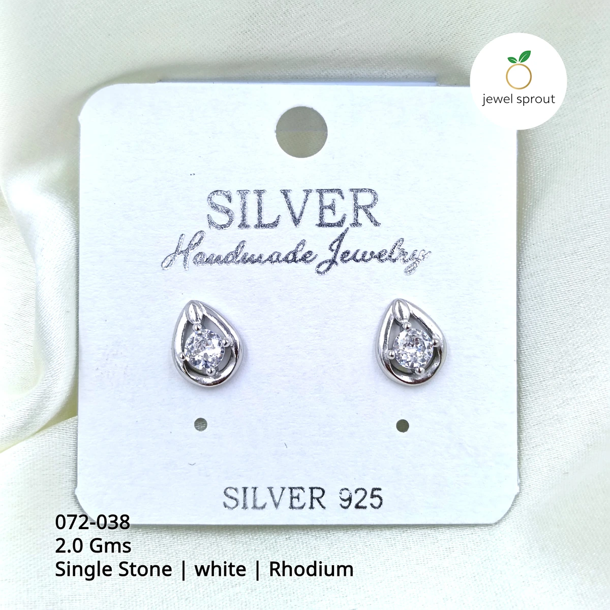 Rhodium Single Stone Studs Earrings - Elegant Sterling Silver