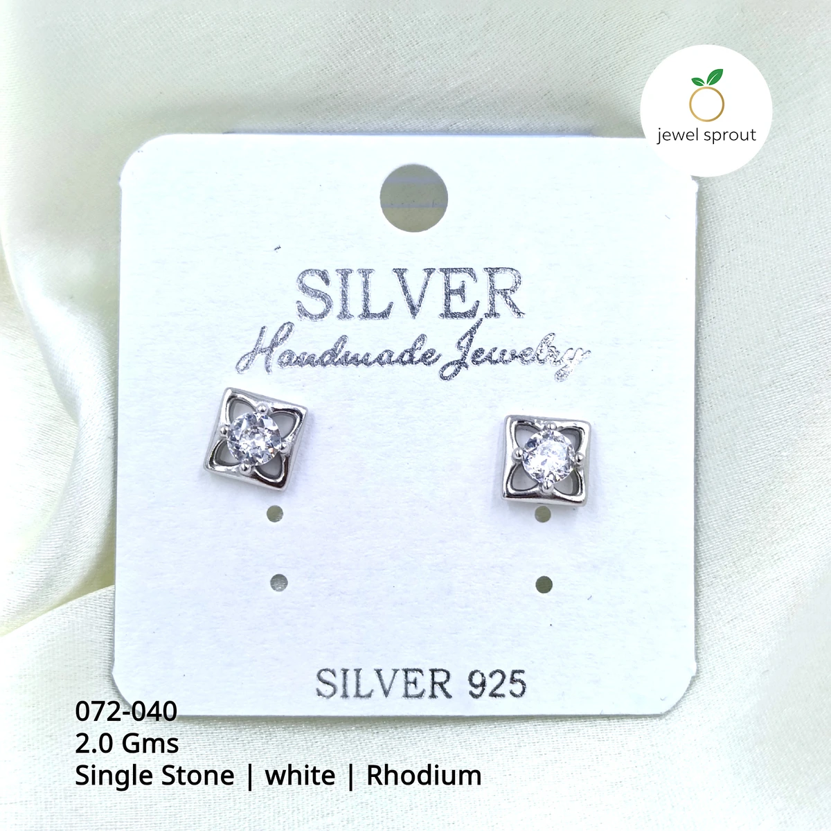Rhodium Single Stone Stud Earrings - Elegant 925 Sterling Silver