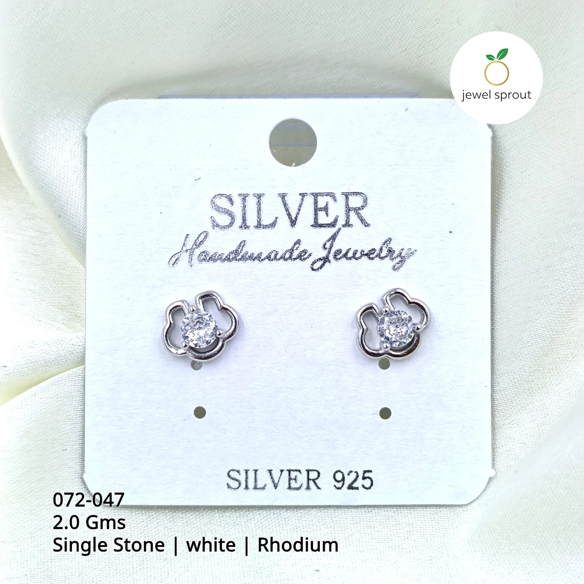 Rhodium Single Stone Stud Earrings - Elegant 925 Silver