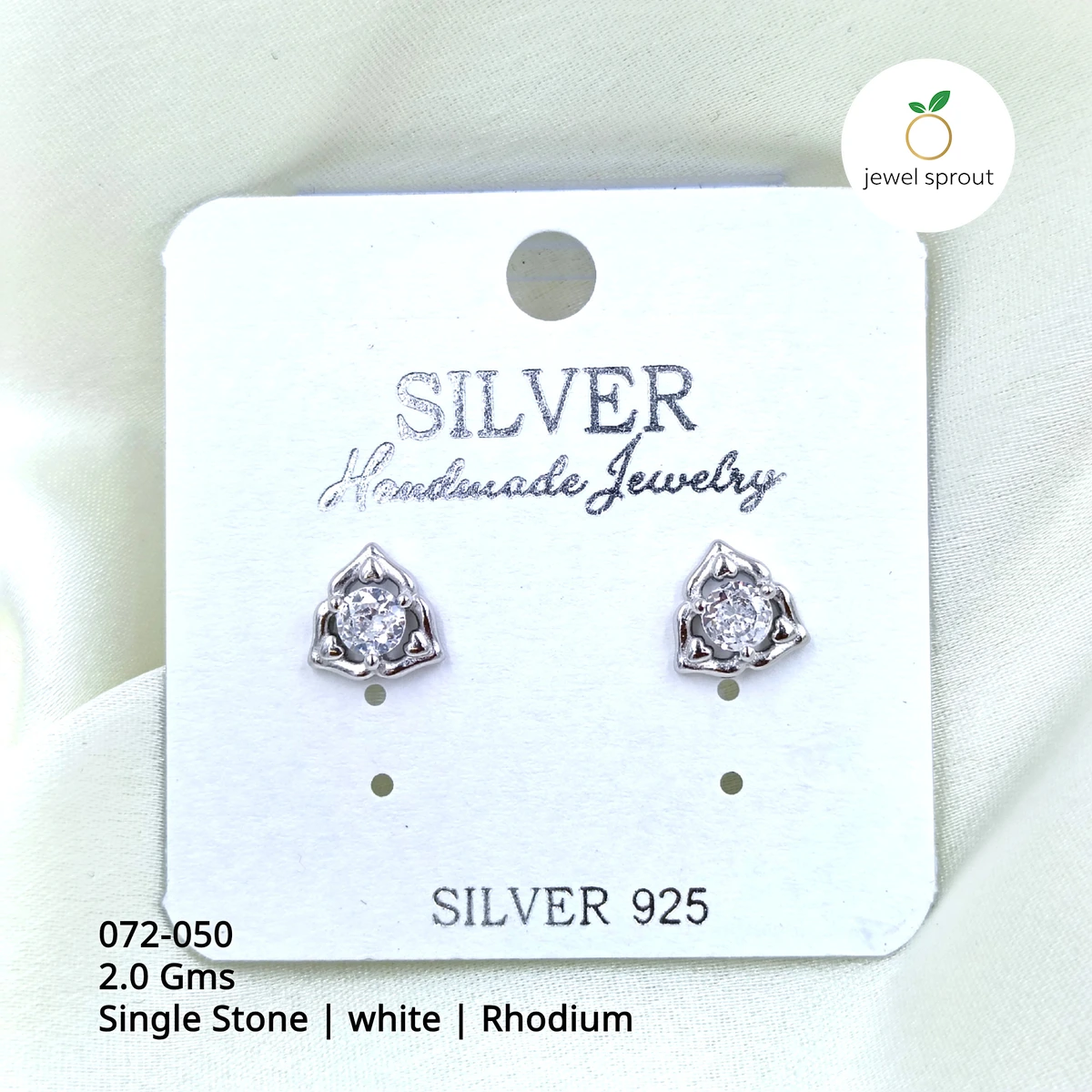 Sleek Rhodium Single Stone Studs in 925 Sterling Silver
