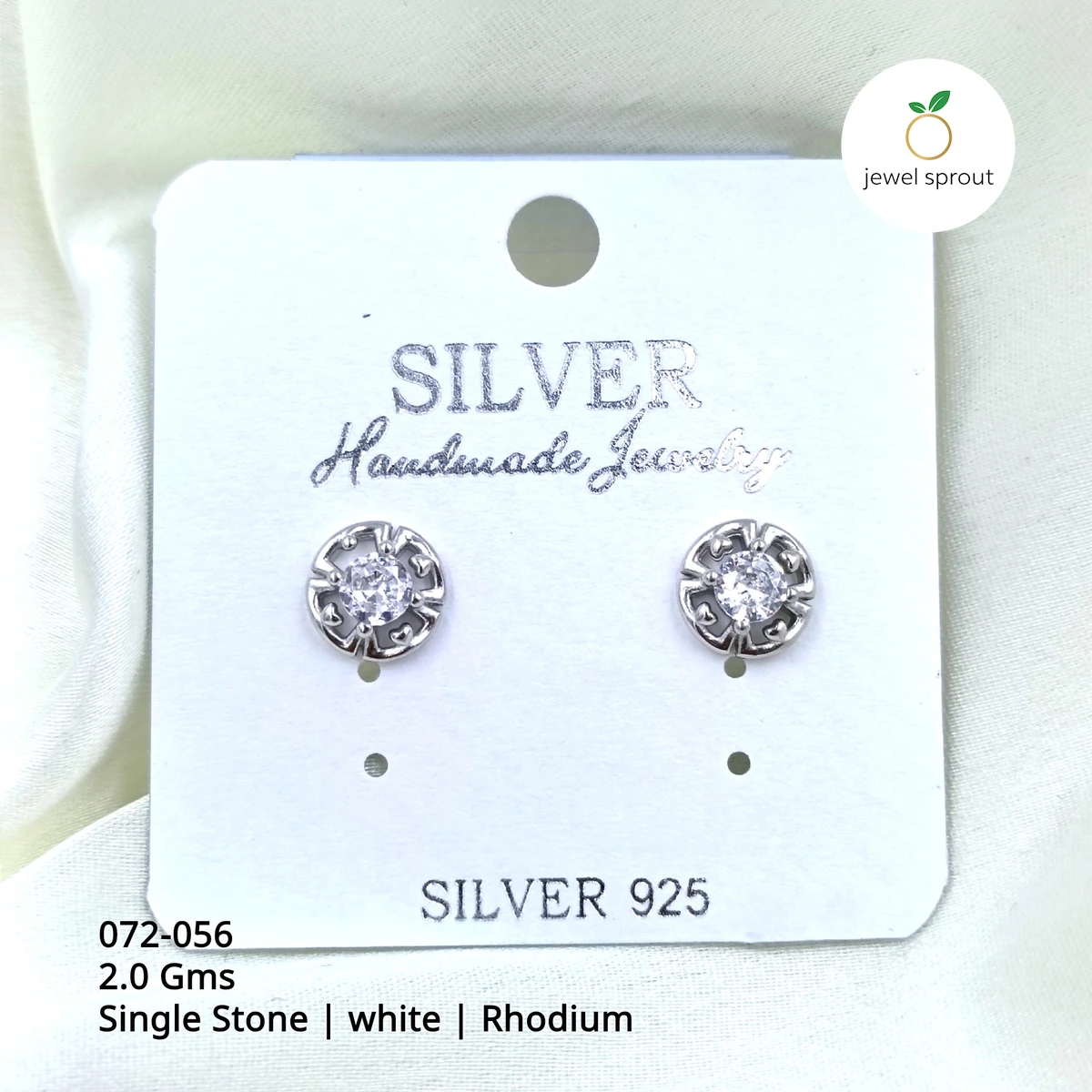 Stunning Rhodium Single Stone Sterling Silver Stud Earrings