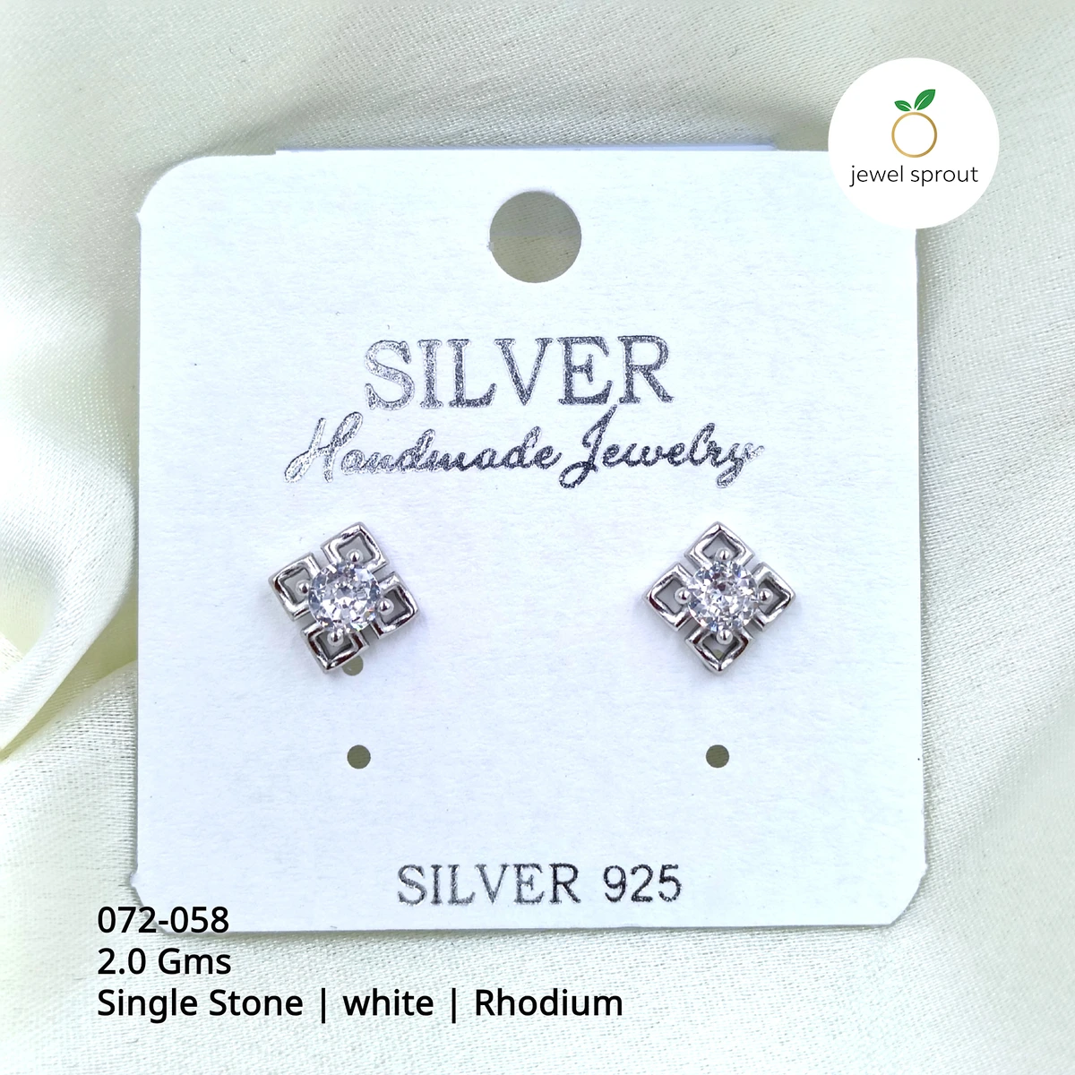 Elegant Rhodium Single Stone Stud Earrings in 925 Silver