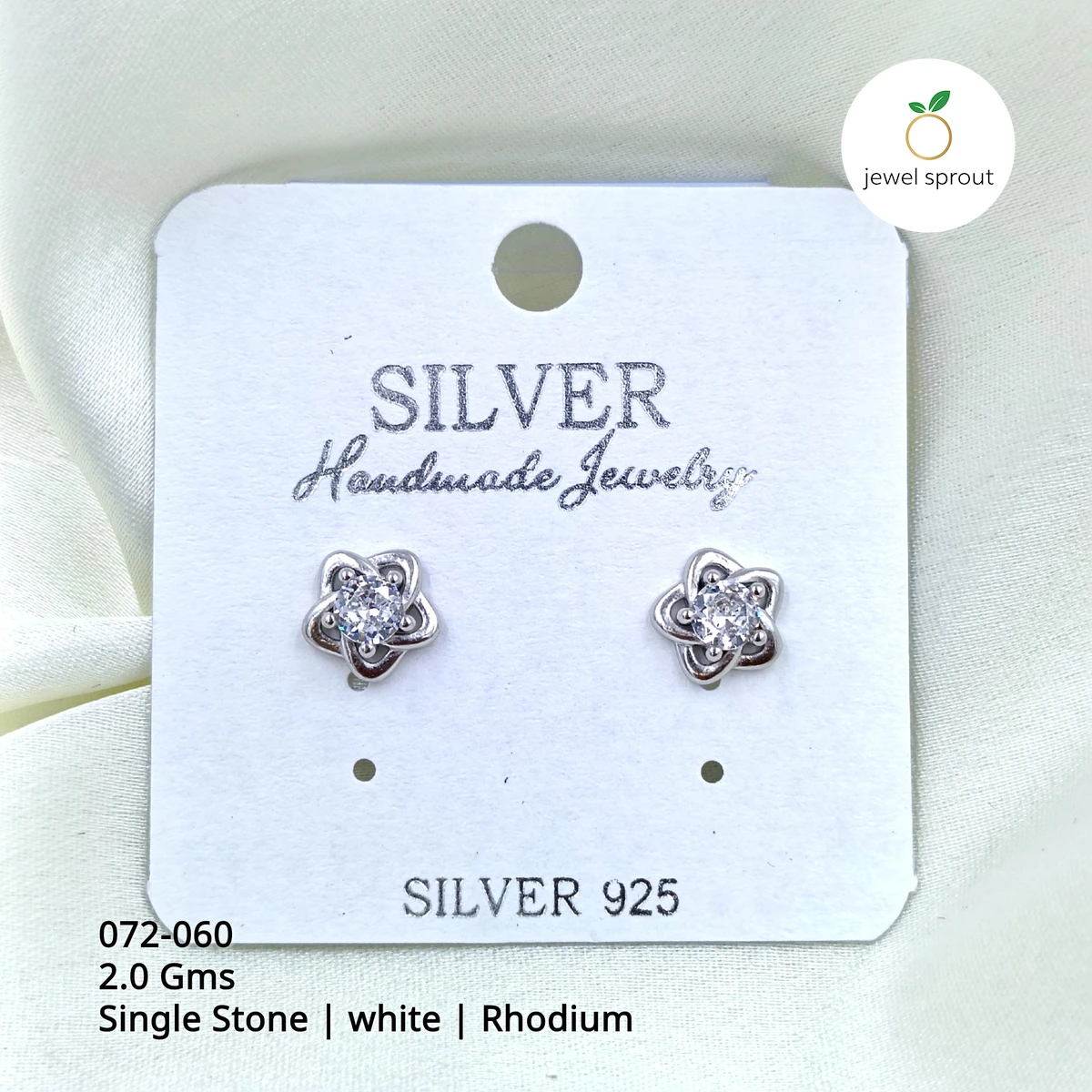 Rhodium Single Stone Studs | Elegant 925 Sterling Silver Earrings