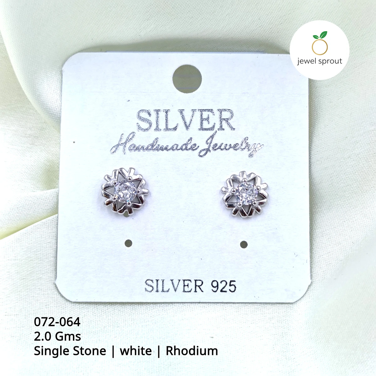 Elegant Rhodium Single Stone Stud Earrings in Silver