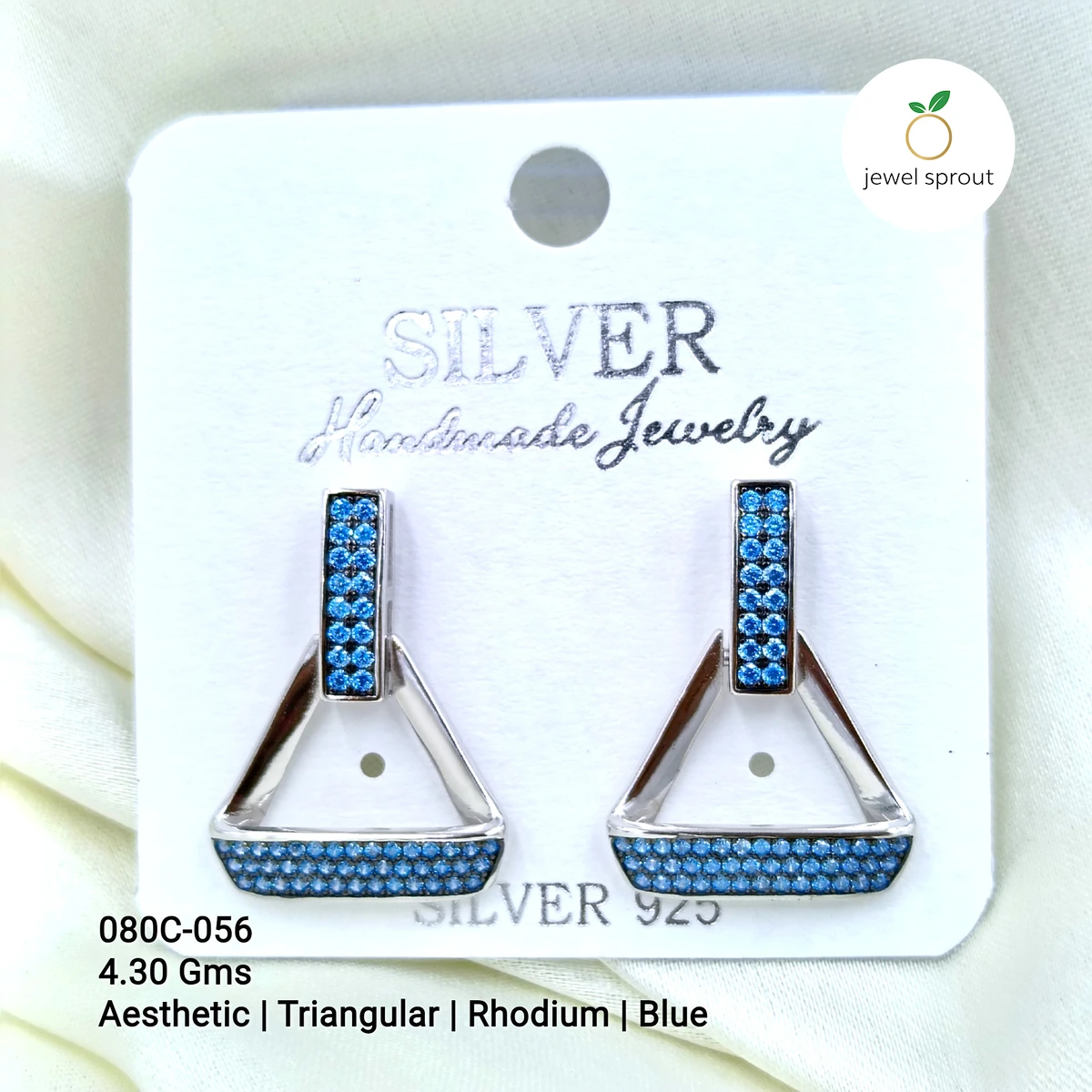 Aesthetic Blue Rhodium Triangular Premium Earrings