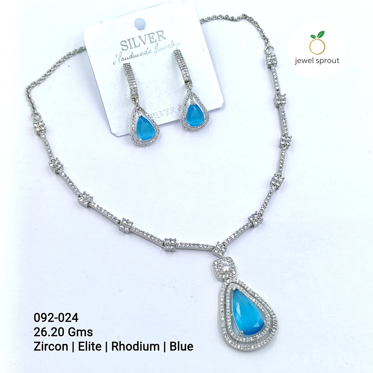 Stunning Blue CZ Sterling Silver Necklace - Rhodium Plated