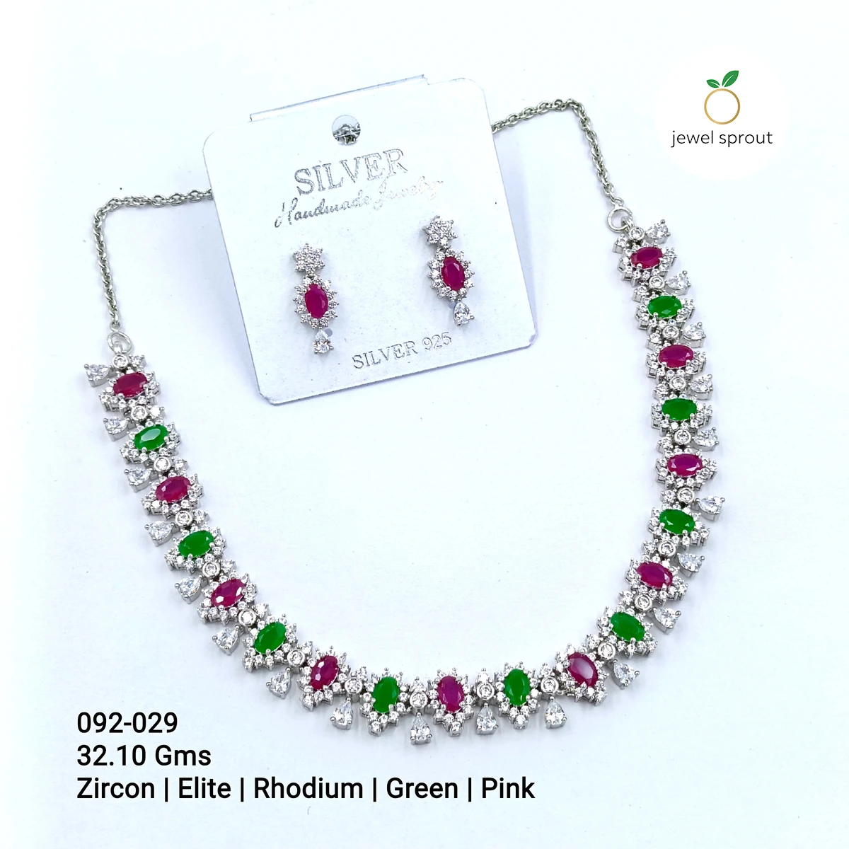 Elegant CZ Necklace in Green and Pink Zircon - Rhodium Finish