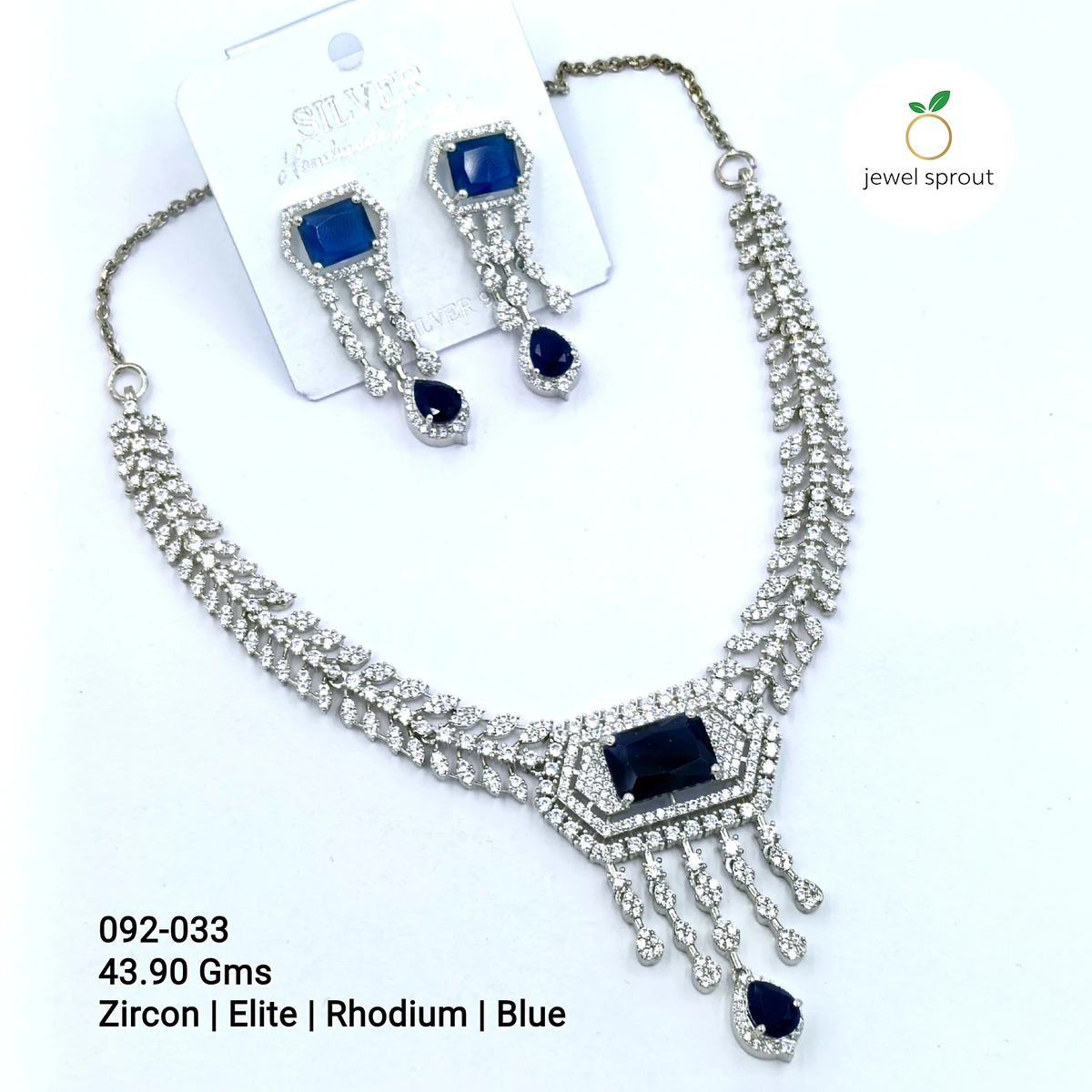 Elegant Blue CZ Necklace in Rhodium Finish