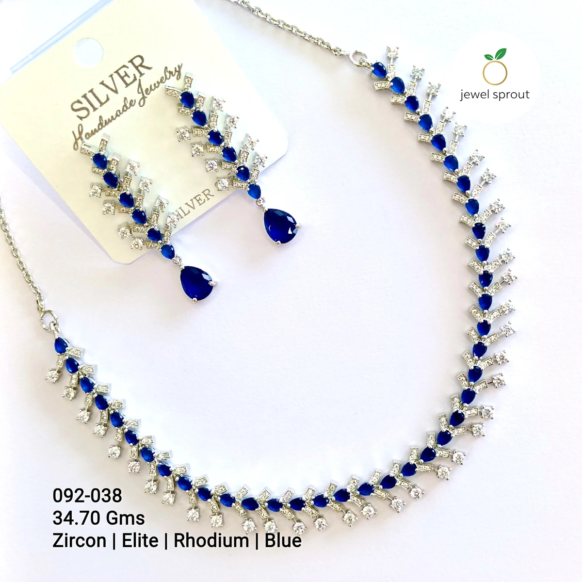 Elegant Blue CZ Sterling Silver Necklace with Rhodium Finish