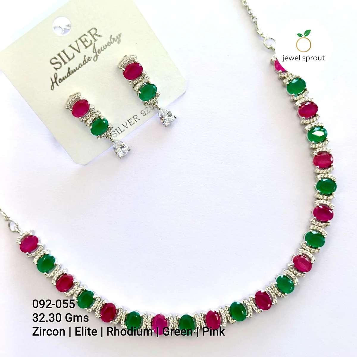 Elegant CZ Necklace in Green and Pink - Rhodium Finish