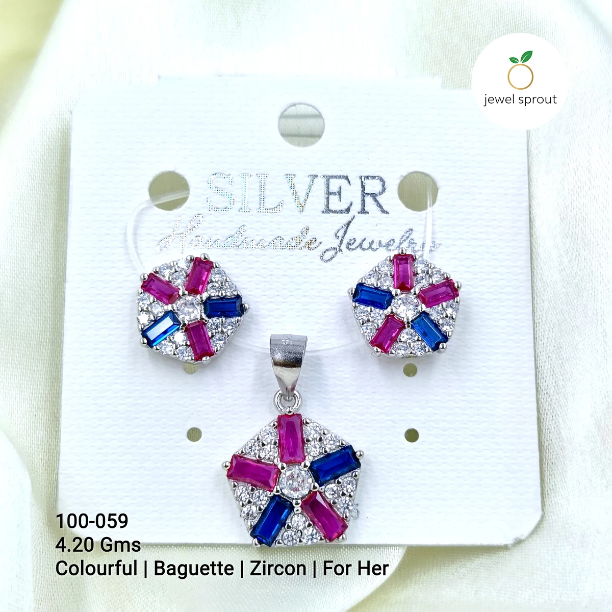 Colorful Baguette Colour Pendant Set for Her - 925 Silver