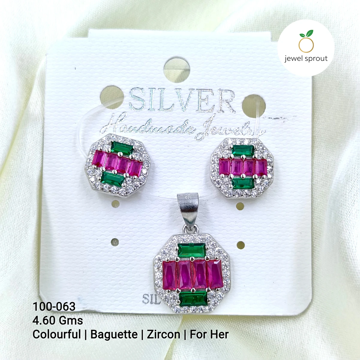 Colorful Baguette Colour Pendant Set for Her - 925 Silver