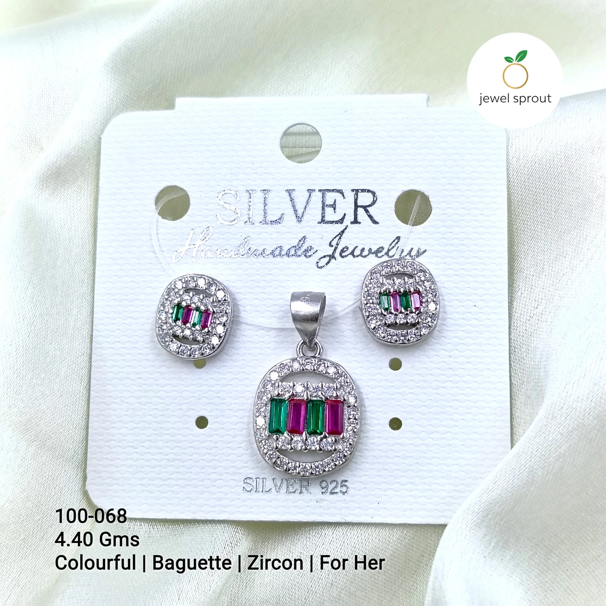 Colorful Baguette Colour Pendant Set for Her in 925 Silver