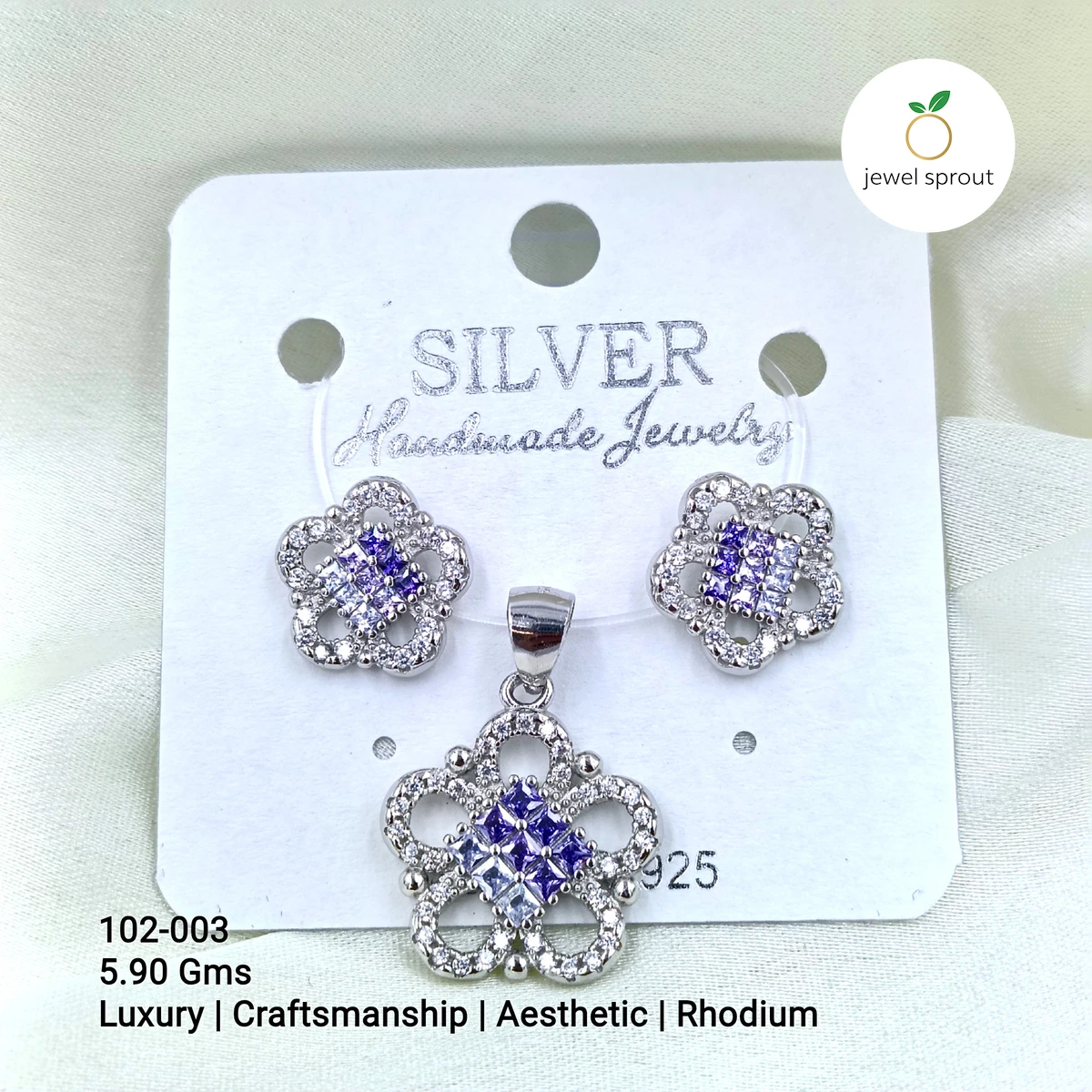 Luxury Invisible Setting Colour Pendant Set in Rhodium Finish
