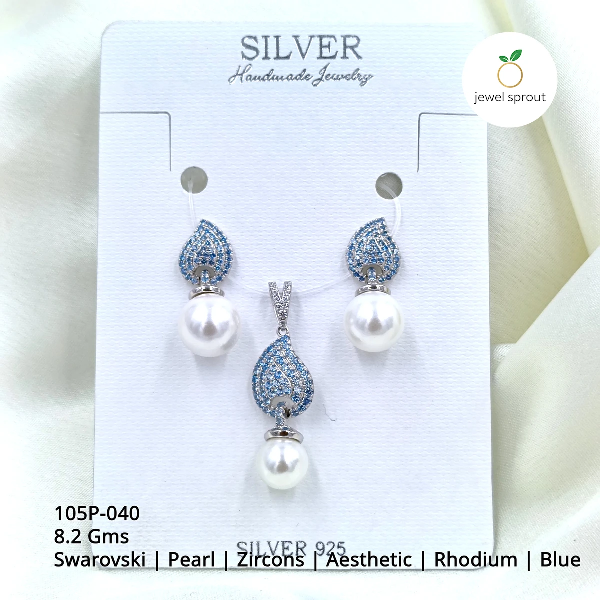 Premium Pearl Pendant Set with Swarovski and Zircons in Blue