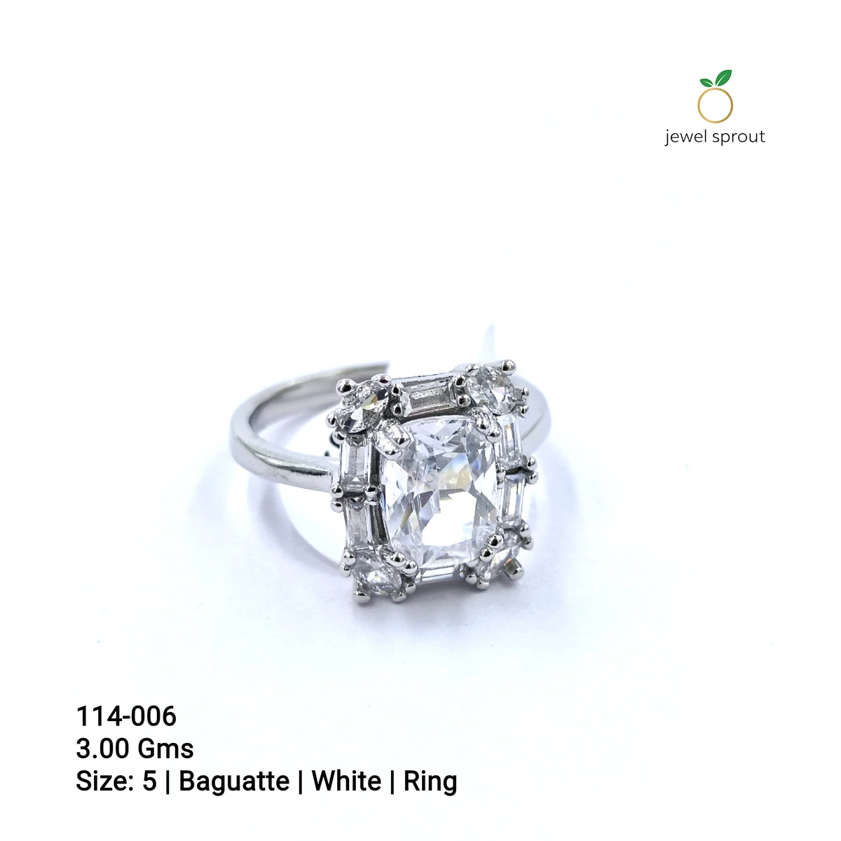 CZ Solitaire Side Colour Baguette Ring - Size 5, White