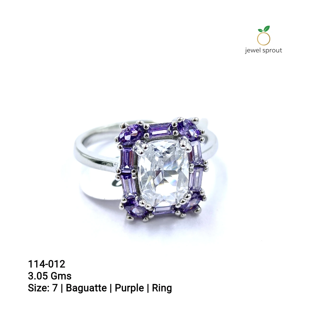 Purple CZ Solitaire Side Colour Baguette Ring - Size 7