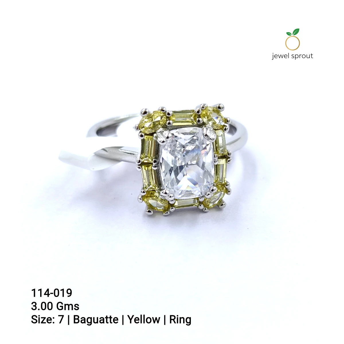 Elegant CZ Solitaire Side Colour Baguette Ring - Size 7 Yellow