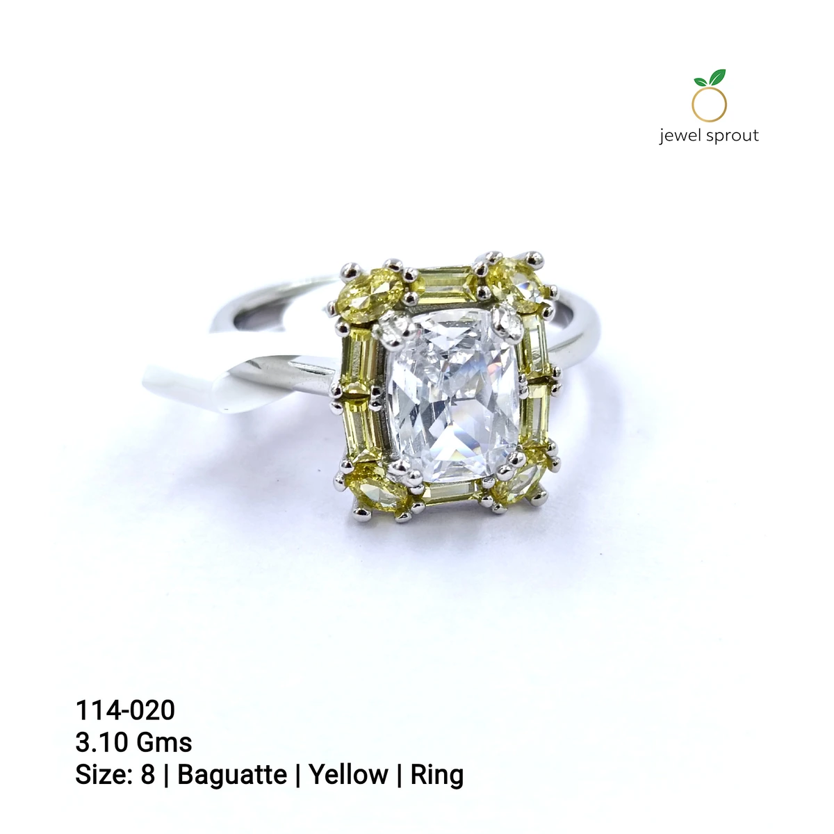 CZ Solitaire Side Colour Baguette Ring - Size 8 Yellow