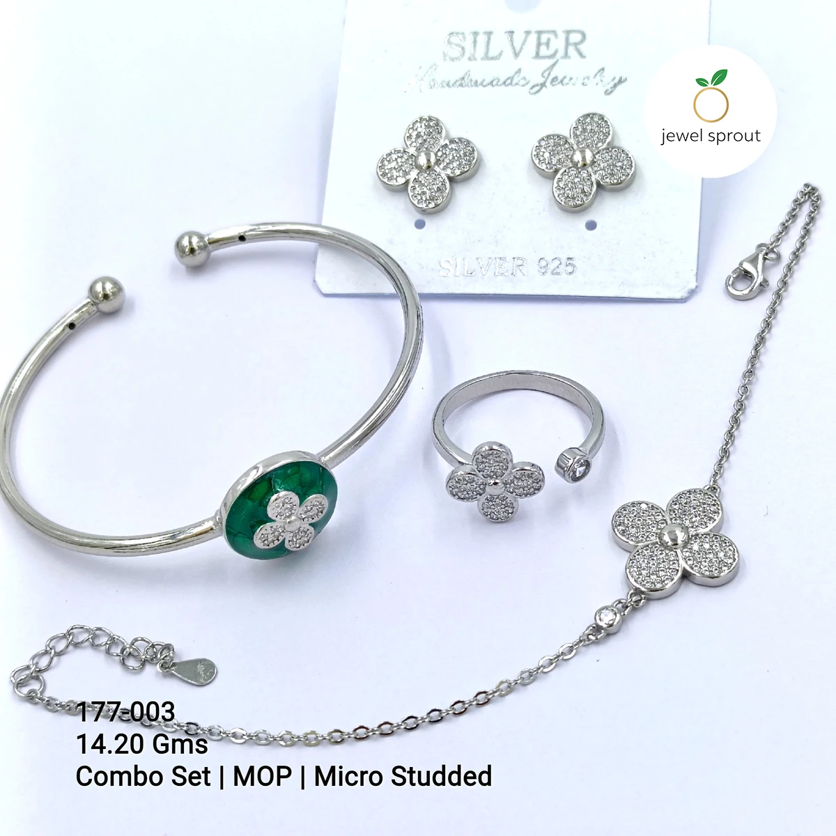 Chic 4-Piece Sterling Silver Bracelet, Ring, Earring & Kada Set
