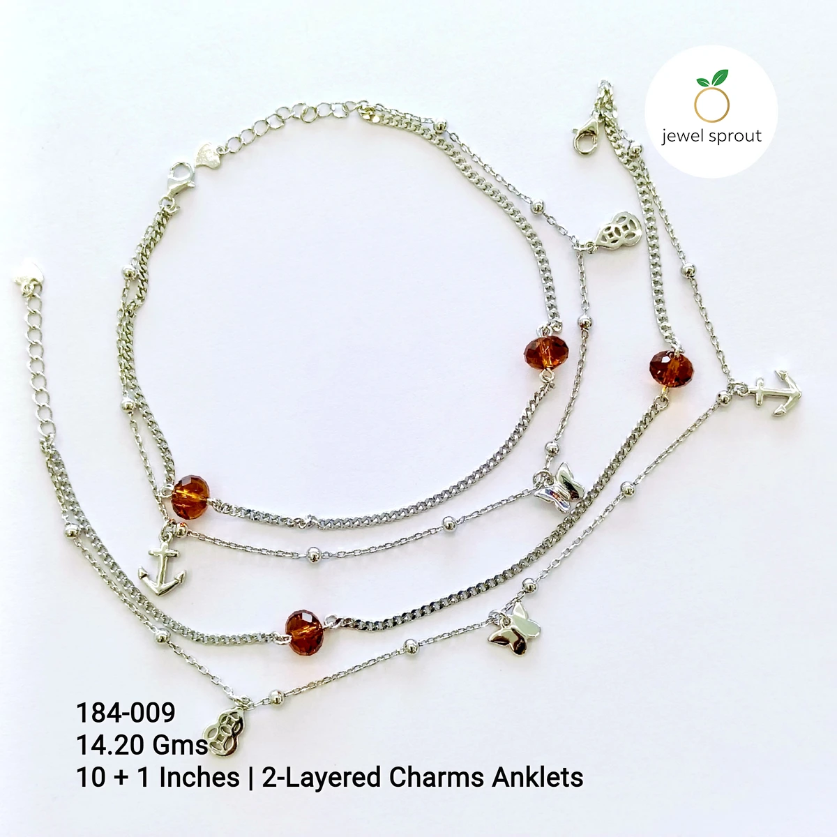 Chic Fancy Crystal Sterling Silver 2-Layered Charm Anklet