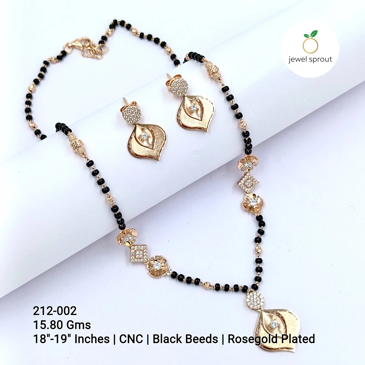 CNC Mangalsutra with Black Beads - Rosegold Plated, 18"-19"
