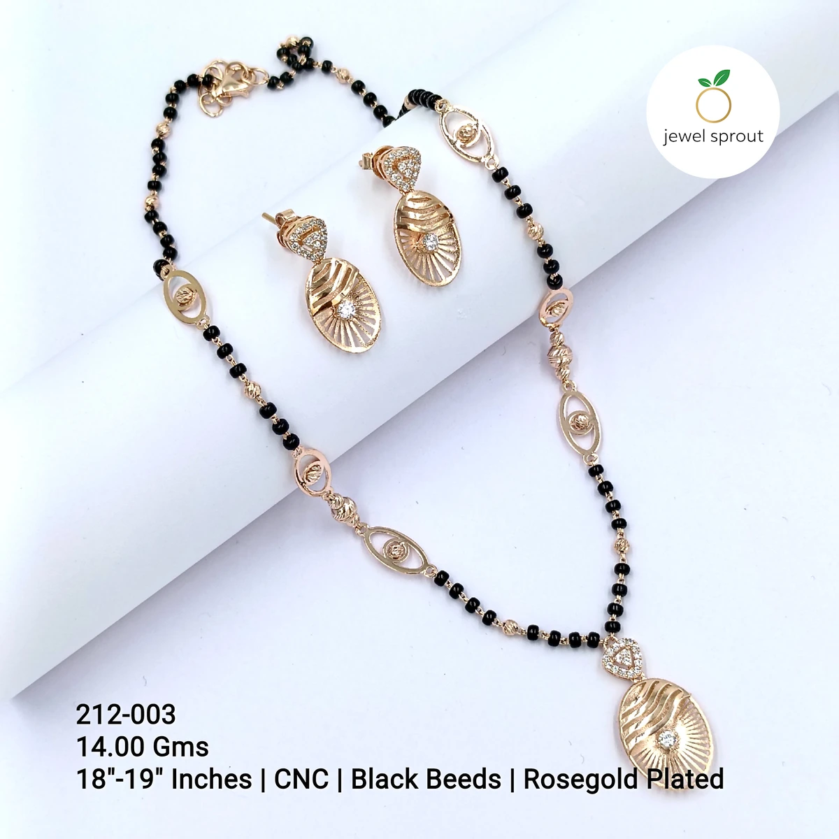 Elegant CNC Mangalsutra with Black Beads, Rosegold Plated